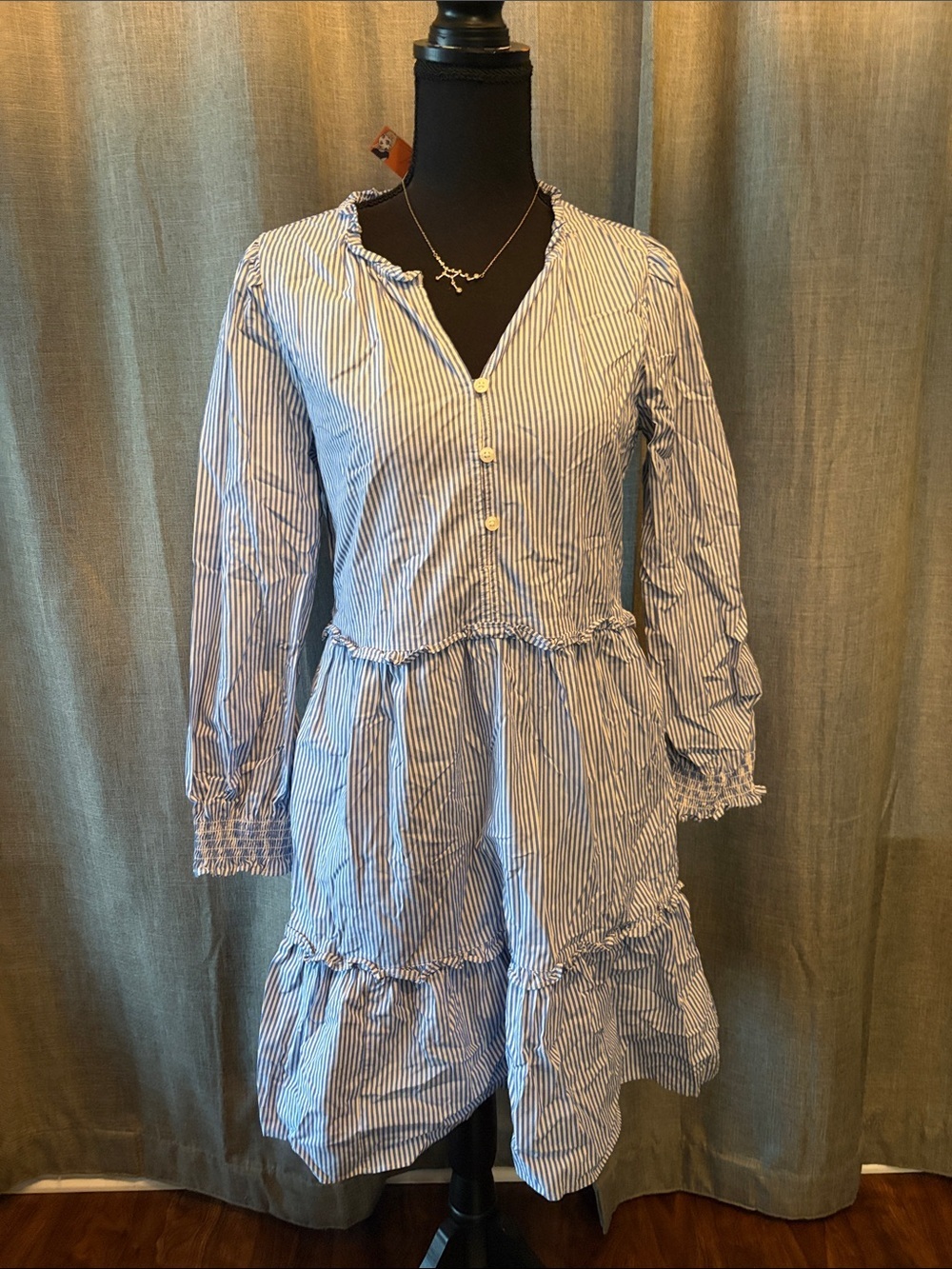 J. Crew Blue and White Striped Long Sleeve Tiered Dress